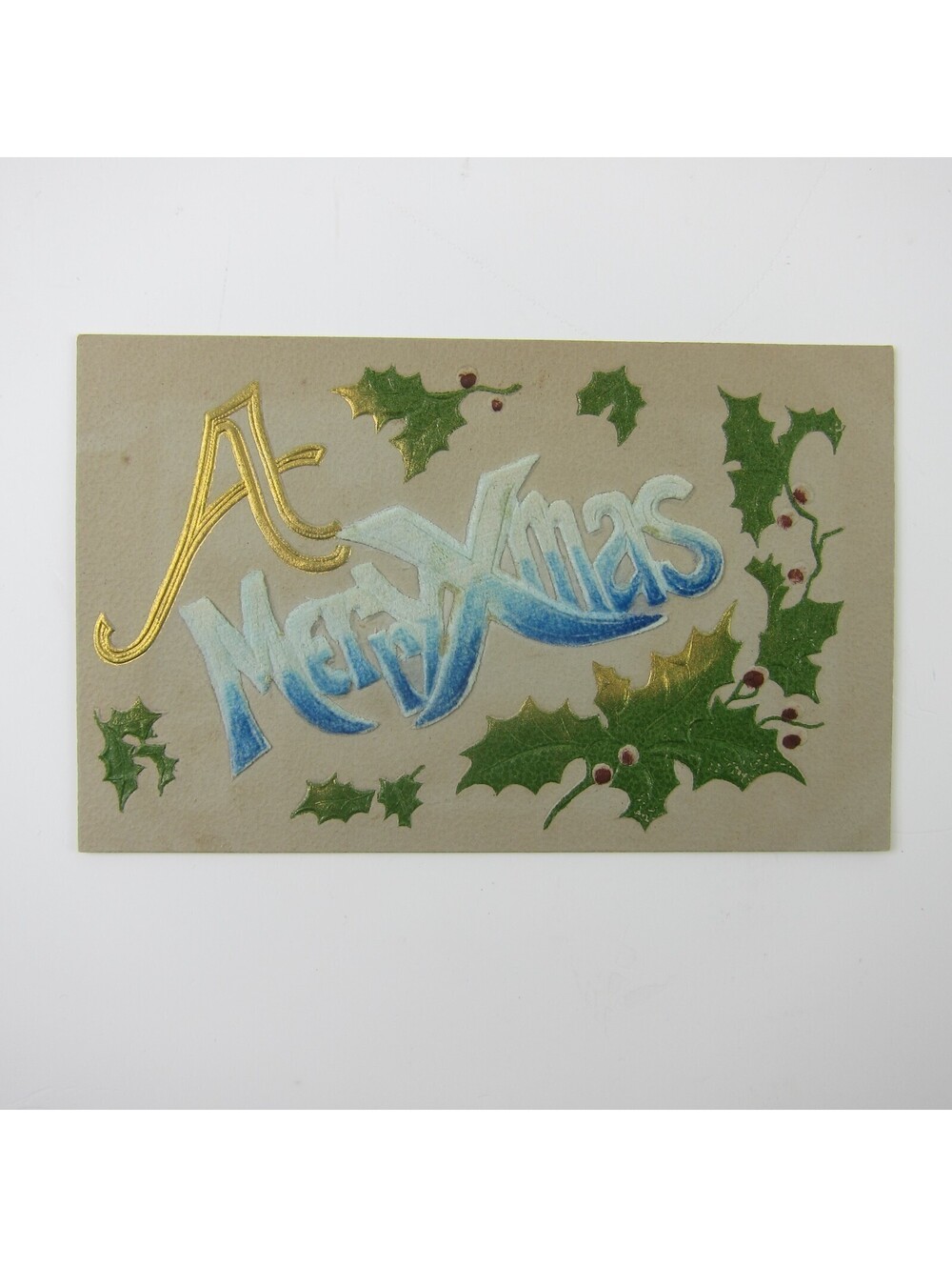 Christmas Postcard 3D Merry XMAS Cloth Texture Holly Berry Green Gold Antique